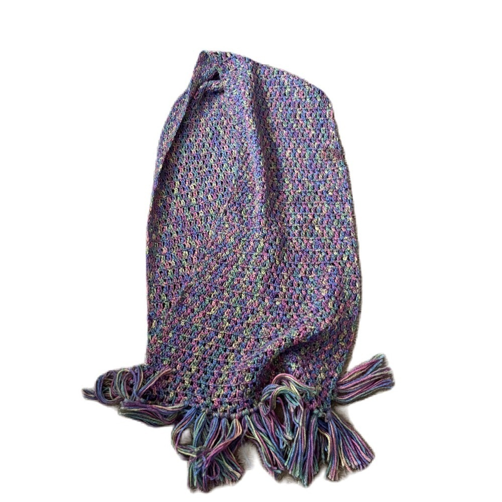 Vintage Multicolor Knit Scarf Rainbow Purple Blue Yellow Pink Tassel